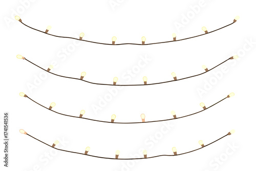 Set of Christmas light garlands. Realistic glowing string lights for festive holiday decoration. Luminous lamps for New Year card or banner. Vector illustration isolated on transparent background.