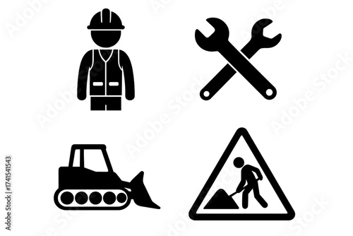 Under construction icon set. Vector symbols for building, repair and maintenance. Includes worker, tools, bulldozer and road work sign. Industrial and engineering concept.