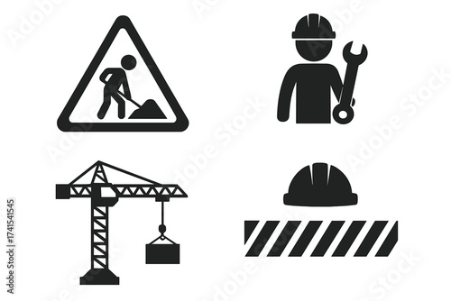 Construction icons. Under construction site collection. Road work warning sign. Worker with wrench tool. Building industry crane. Safety hard hat helmet. Repair symbol set.