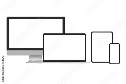 Realistic device mockup set. Computer monitor, laptop, tablet and smartphone with empty white screen. Modern electronic gadget template for responsive web or app design. Vector.
