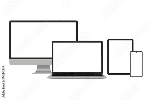 Realistic device mockup set. Computer monitor, laptop, tablet, and smartphone with blank white screens for responsive web design presentation. Modern electronic gadgets isolated.