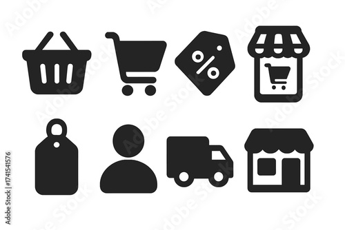 E-commerce shopping icon set with essential retail symbols. Vector glyph collection includes basket, cart, discount tag, online store, price label, customer, delivery truck & shop.
