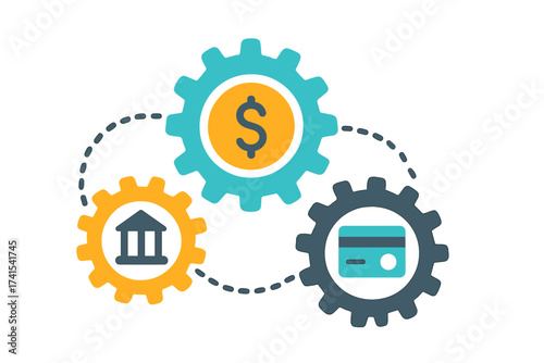 Financial system concept with gears. Banking, payment processing, and money flow mechanism. Interconnected finance icons: bank, dollar sign, and credit card. Economic process.