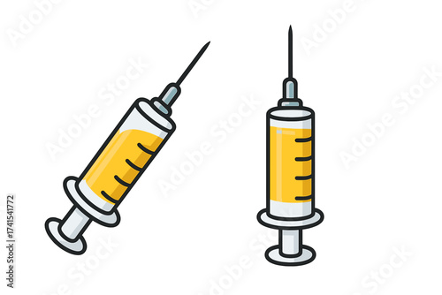 Vector illustration of medical syringe with yellow drug inside, transparent background, detailed set of realistic injection needles, vaccination and healthcare concept, isolated objects