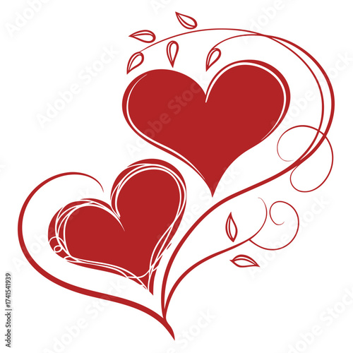 Two red hearts with decorative floral vines love romance