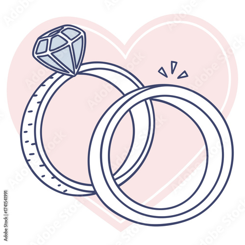 Two wedding rings with diamond in front of a pink heart