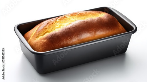 Freshly baked loaf of bread in a baking pan with a golden brown crust
