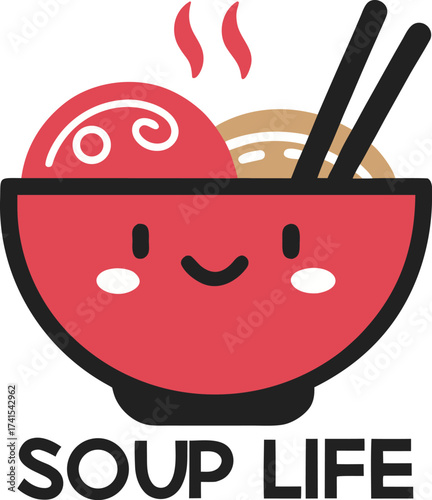 Cute Kawaii Ramen Bowl with Chopsticks and Sou Text Food Art Concept Vector illustration