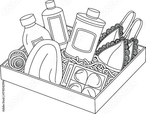 Hand drawn illustration of a gift basket filled with toiletries and spa items