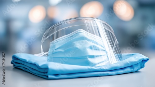 Protective medical equipment including face mask and face shield on a blue cloth