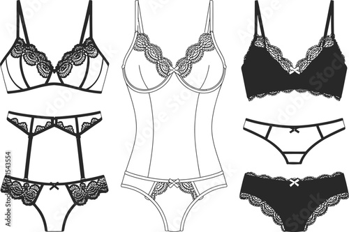 Collection of elegant lace lingerie and undergarments in sketch style