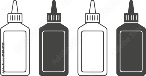 Set of four stylized bottles with caps on a white background