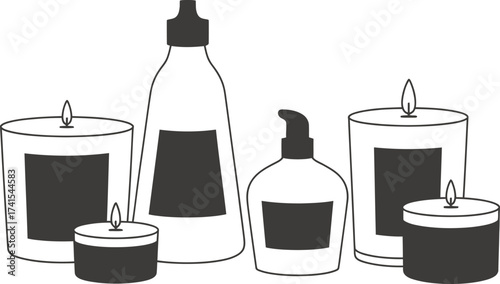 Hand drawn illustration of spa products and candles for relaxation and self care