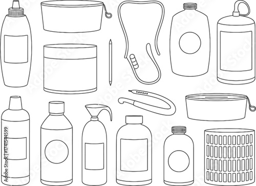 Collection of hand drawn outline illustrations of various containers and bottles