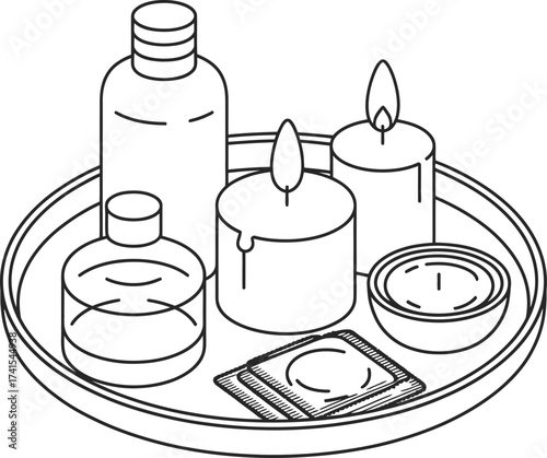 Relaxing spa tray with candles and bottles for aromatherapy and wellness