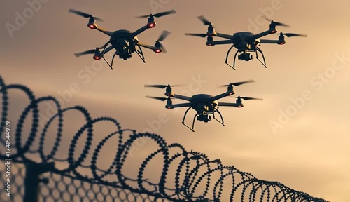 Three military surveillance drones flying above multiple rows of barbed wire fence, drone silhouettes against dramatic sky, security and border control concept