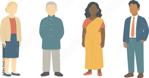 Flat vector set of diverse people in global attire: woman in cardigan and skirt, elder in traditional tunic, woman in sari, and man in business suit; clean fullbody characters.