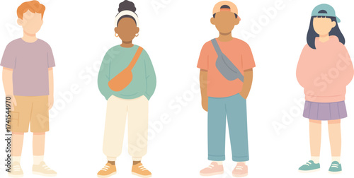 Flat vector set of modern teens in casual streetwear: boy in shorts, girl with crossbody bag, boy with sling bag and cap, and girl in hoodie and skirt; clean fullbody characters.