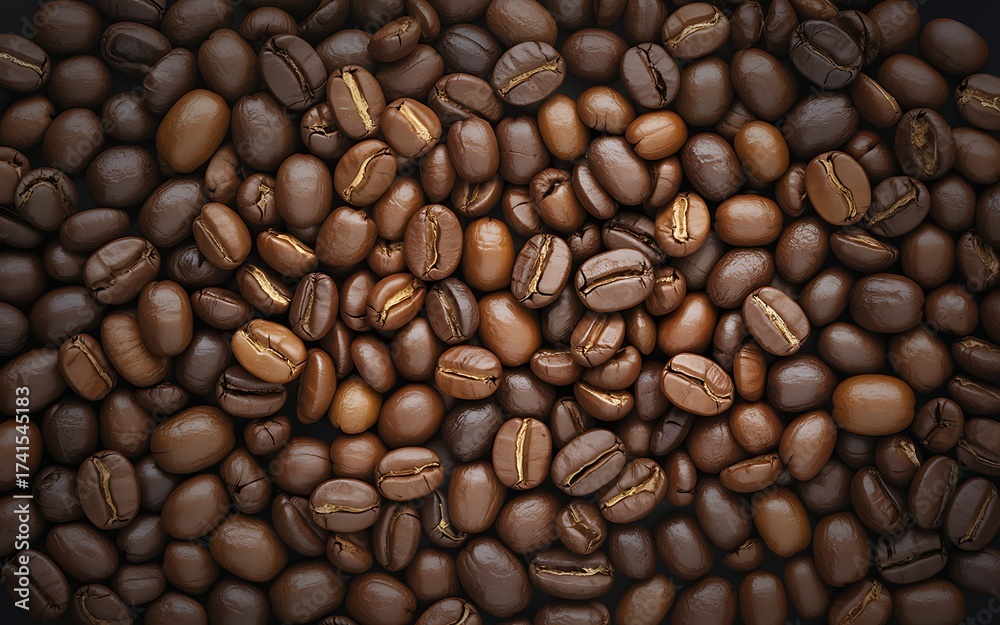 Fototapeta premium An overhead view of roasted coffee beans with various tones offering a rich brown texture and perfect culinary ingredient