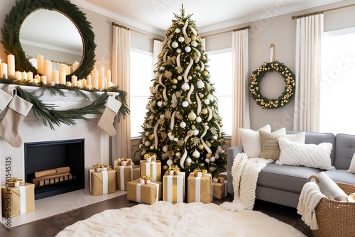 Luxurious festive decor of a Christmas tree with garlands for an elegant holiday. Elegant Christmas Living Room with Decorated Tree and Cozy Ambiance