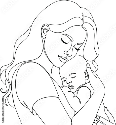 Sleeping Baby in Mother's Arms - Elegant Outline Artwork