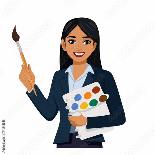 Smiling woman artist with paintbrush and palette with transparent background