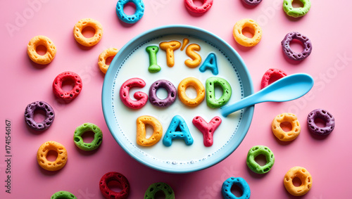 Colorful cereal letters spell its a good day in milk bowl