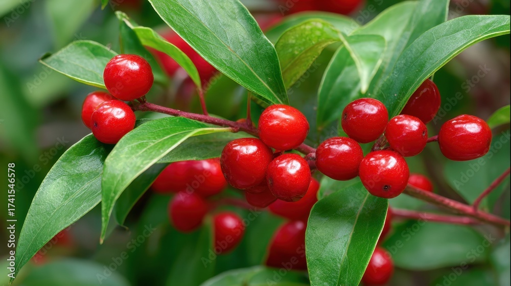 Obraz premium A cluster of red berries on a leafy branch. The berries are small and shiny, and they are surrounded by green leaves. Concept of freshness and vitality