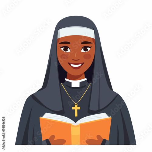 Smiling nun reading book with transparent background