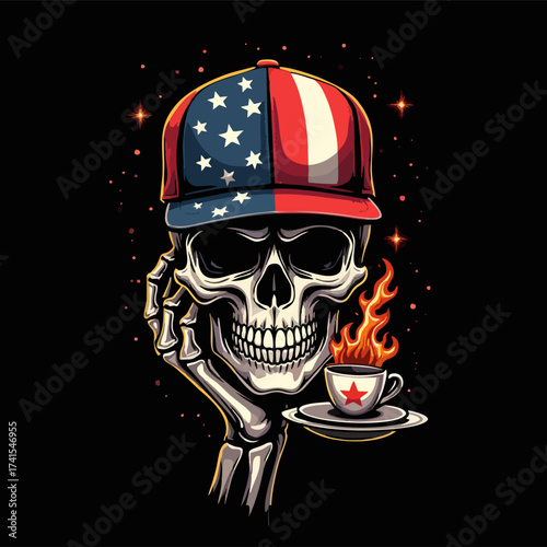 Vector t-shirt design with human skull with usa flag baseball cap, cup of fire coffee on black background.
Fashionable american print for fabric, paper, men clothing, hoodie, jacket. T shirt template.