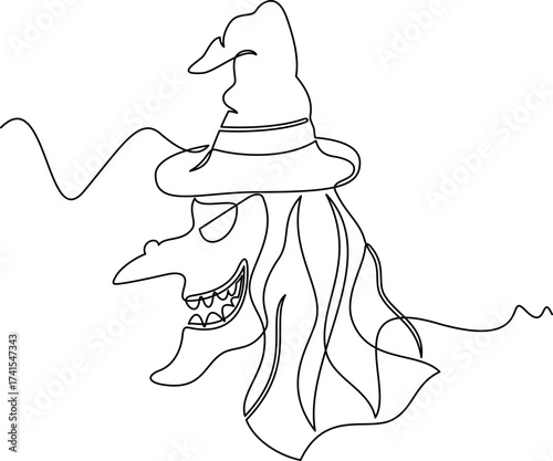 one line art witch vector illustration. line art, one continuous line, simple, hand drawn and sketch style. for icons, symbols, signs or logos. PNG