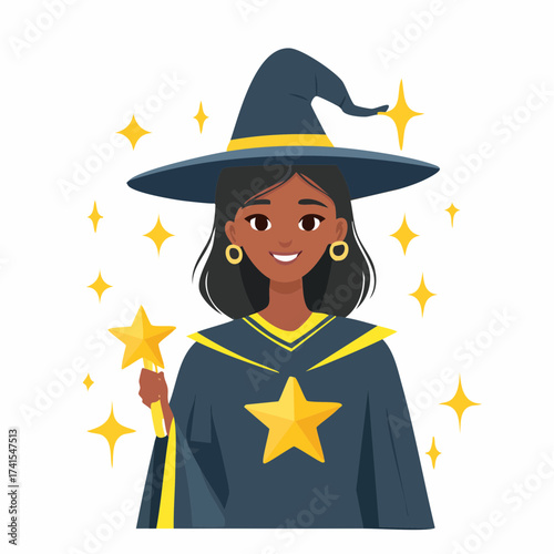 Smiling witch with star wand and hat with transparent background