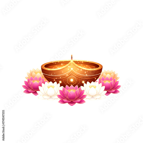 Radiant Diwali celebrations with glowing oil lamp and lotus flowers, a symbol of hope and prosperity for festive season greetings