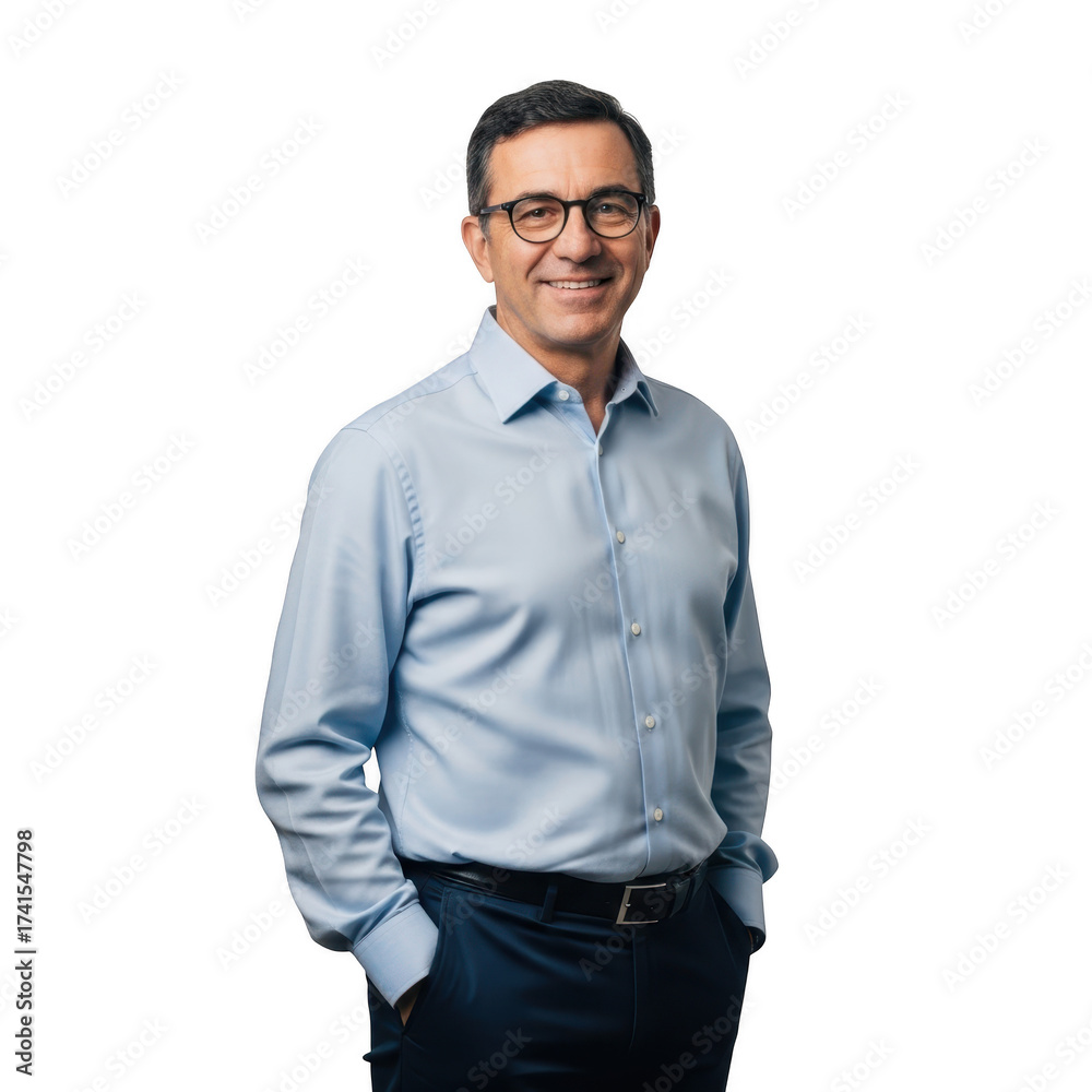 Fototapeta premium Smiling man in blue shirt and glasses isolated on transparent background