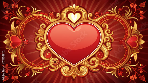 Romantic Valentine vector design, elegant poster template with ornate border, red background, decorative heart ornaments, luxury Victorian frame, central space blank, perfect for greetings, seasonal 