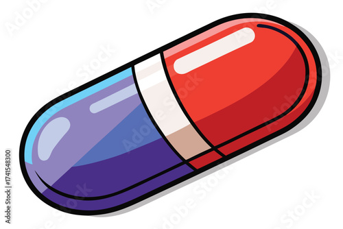 A pill is shown with a blue and red color