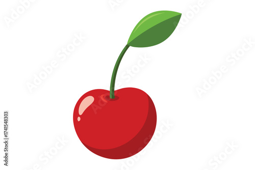 A red cherry with a green leaf on top