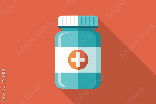 A blue medicine bottle with a red cross on it