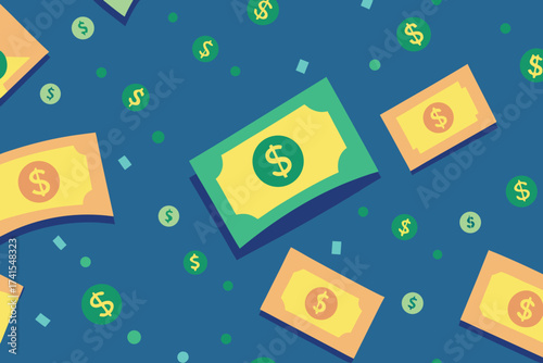 A bunch of dollar bills are scattered across a blue background