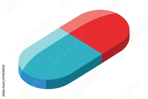 A pill is shown in a blue and red color