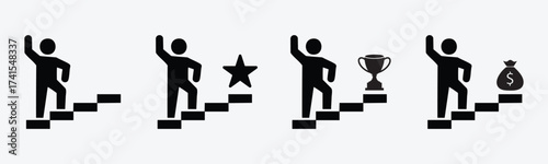 Set of Icons, Stairway to Success, Achievement, and Financial Rewards in Silhouette Vector on White Background