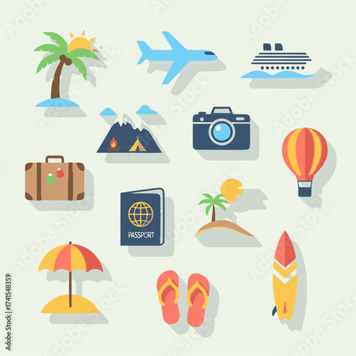 A collection of travel icons including a suitcase, a camera, a boat