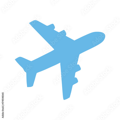 A blue airplane is flying in the sky