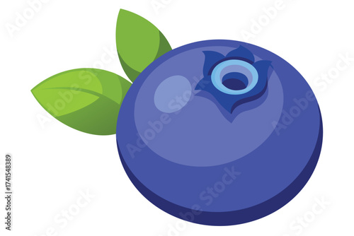 A blueberry with a green leaf on top