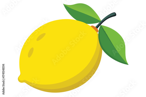 A yellow lemon with a green leaf on top