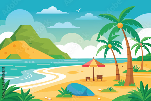 A beach with palm trees and a mountain in the background