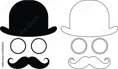 Black bowler hat and mustache silhouette next to outline for crafting isolated on white background