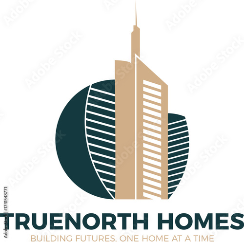 TRUE NORTH HOMES Logo Skyscraper and Global Circle in Modern Vector Design, Real Estate and Construction Brand Icon with Tall City Building