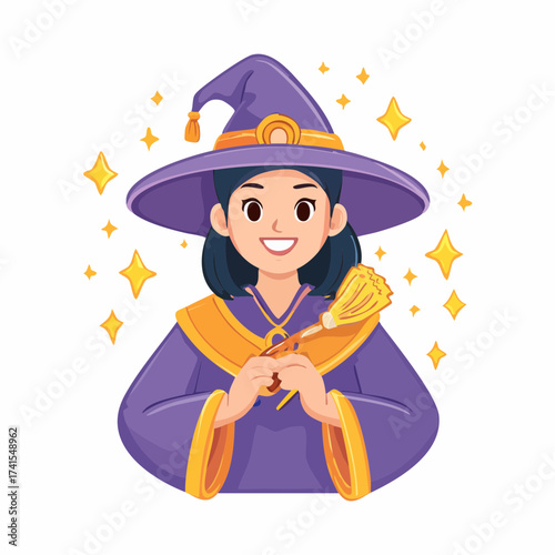 Smiling witch with broom and stars with transparent background