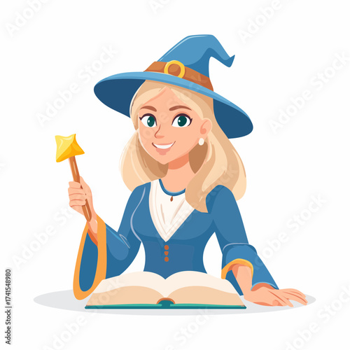 Blonde witch studying spellbook with transparent background